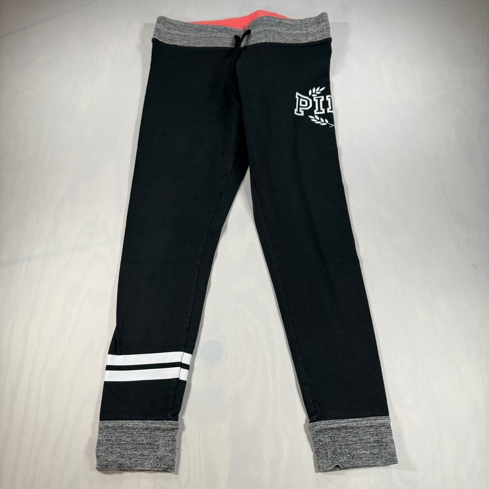 PINK Yoga Leggings Women Medium Black Gray Foldover Waist Graphic Athleisure Y2K